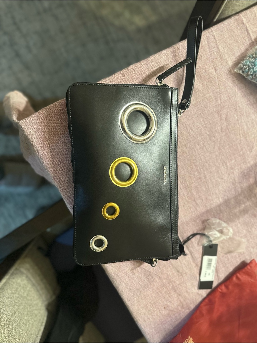 Diesel Black Leather Wristlet Clutch with Yellow and Silver Grommets